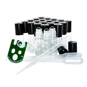 (24 Pack) 1/6 oz. (5 ml) Clear Glass Roll-on Bottle with Black Cap (Stainless Steel Ball)