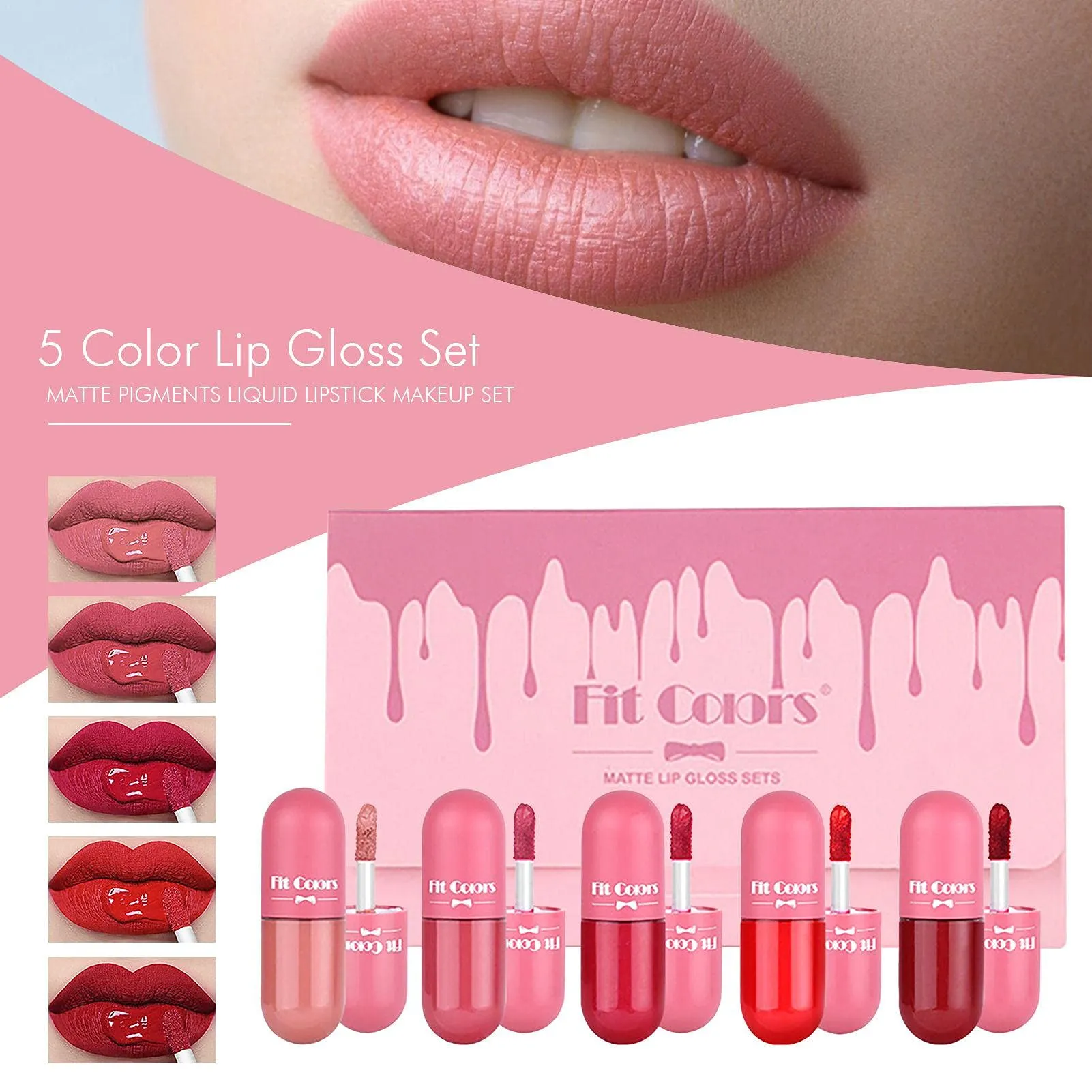 5pcs Fit Colors Mini Capsule Lipgloss Set Waterproof & Long-lasting