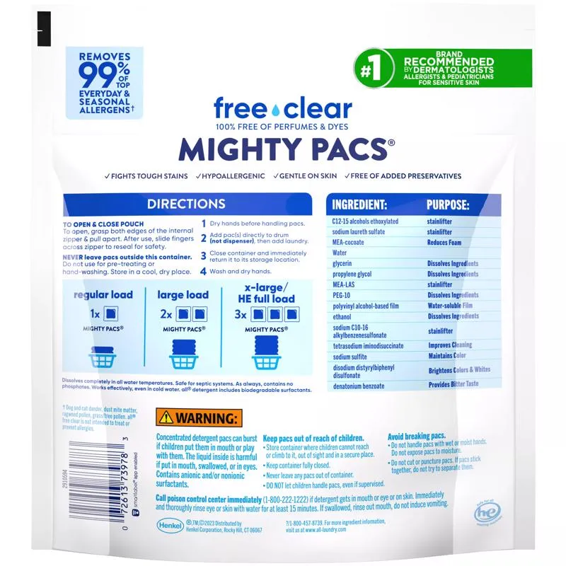 All Mighty Pacs Free & Clear Scent Laundry Detergent Pod 25.8 oz 39 pk