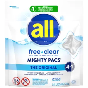 All Mighty Pacs Free & Clear Scent Laundry Detergent Pod 25.8 oz 39 pk