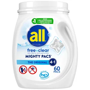 all Mighty Pacs Laundry Detergent Pacs, Free Clear for Sensitive Skin, Unscented and Dye Free, 60 Count