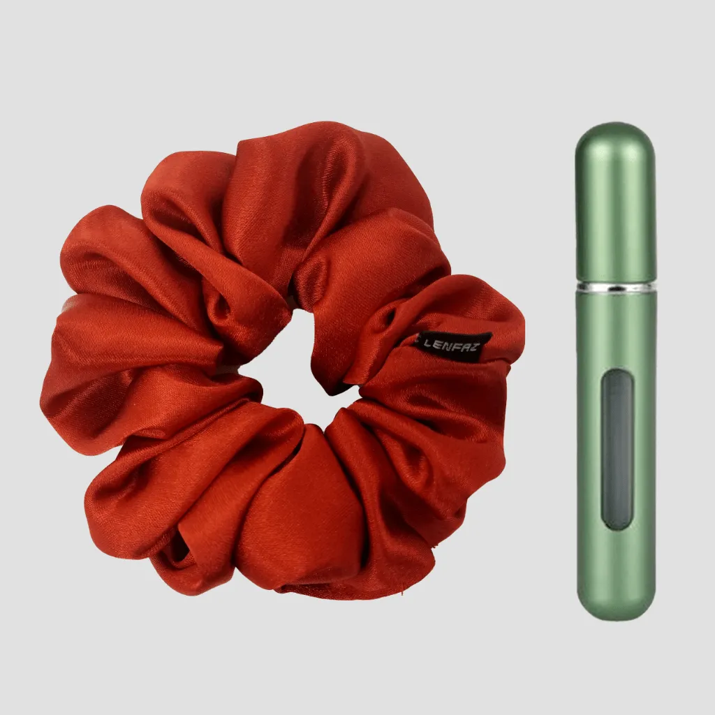 Crimson Red Satin Silk Scrunchie - Sage Green Mini Perfume Spray Btl.