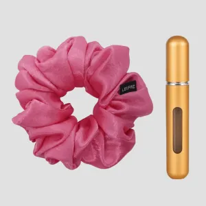 Pretty Pink Satin Silk Scrunchie - Champagne Gold Mini Perfume Spray Btl.