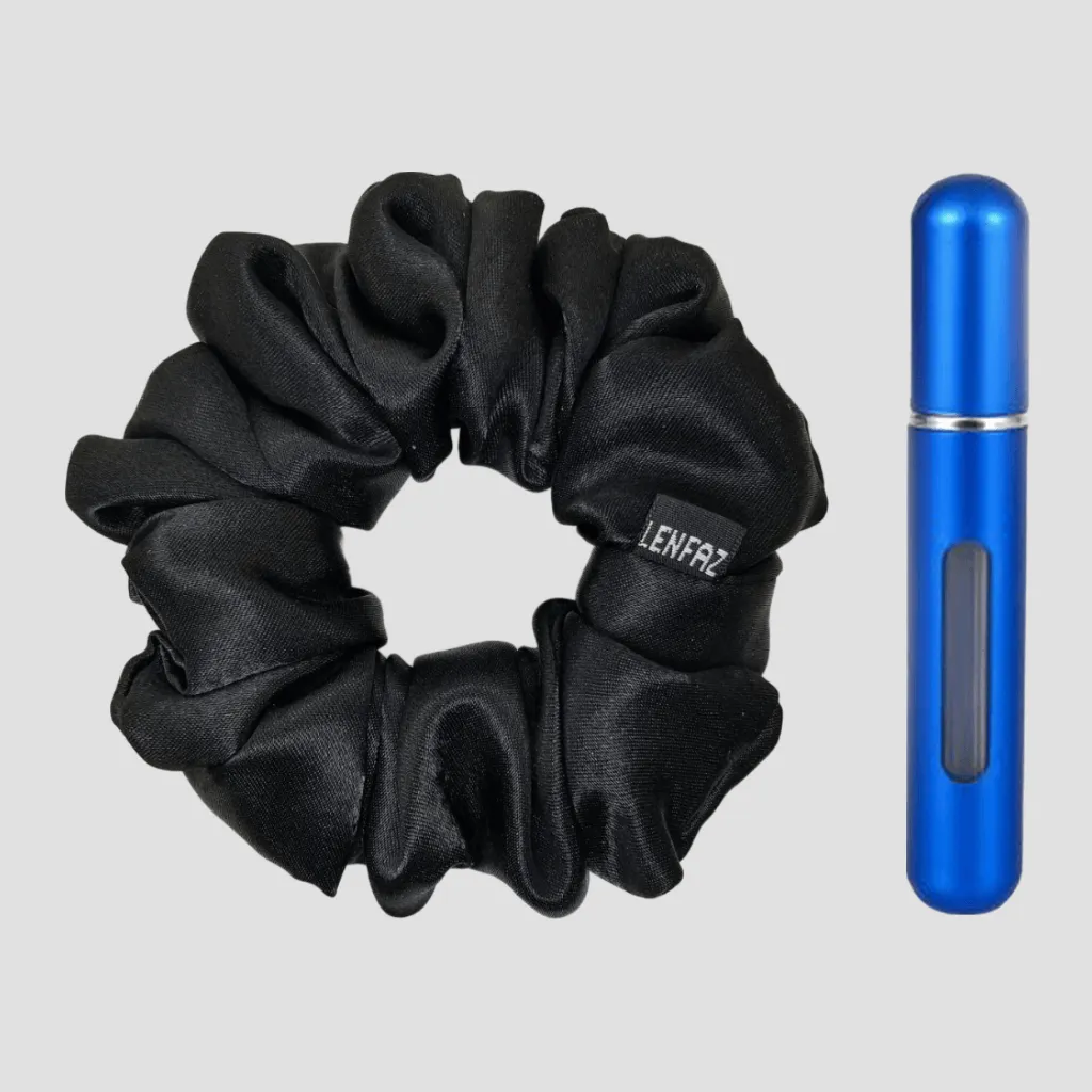 Radiant Black Satin Silk Scrunchie - Royal Blue Mini Perfume Spray Btl.