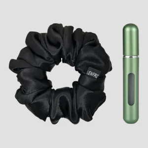 Radiant Black Satin Silk Scrunchie - Sage Green Mini Perfume Spray Btl.