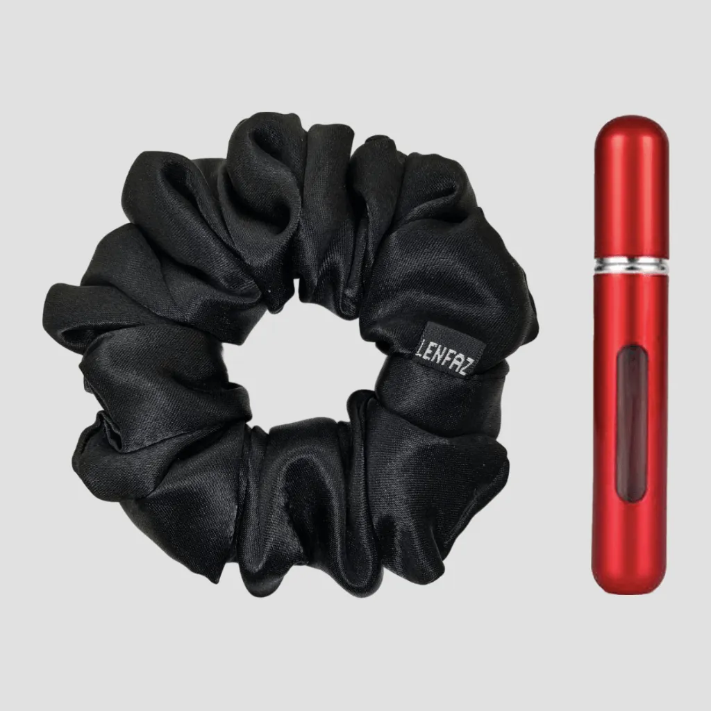 Radiant Black Satin Silk Scrunchie - So Red Mini Perfume Spray Btl.