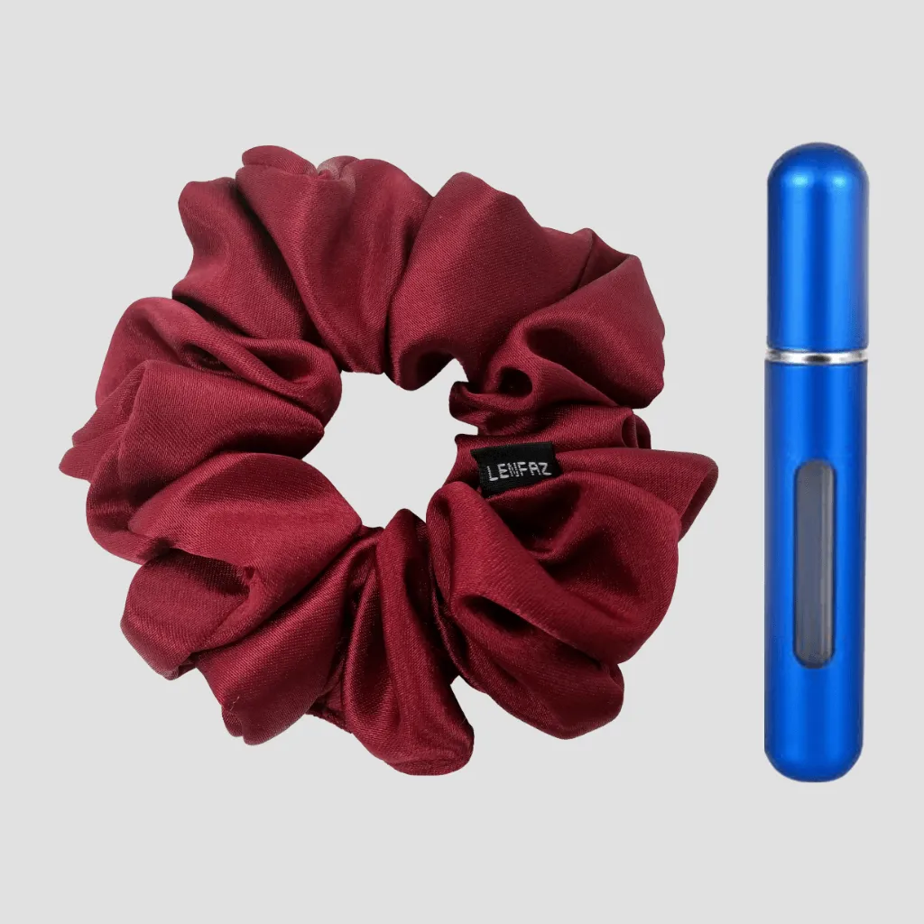 Scarlet Red Satin Silk Scrunchie - Royal Blue Mini Perfume Spray Btl.