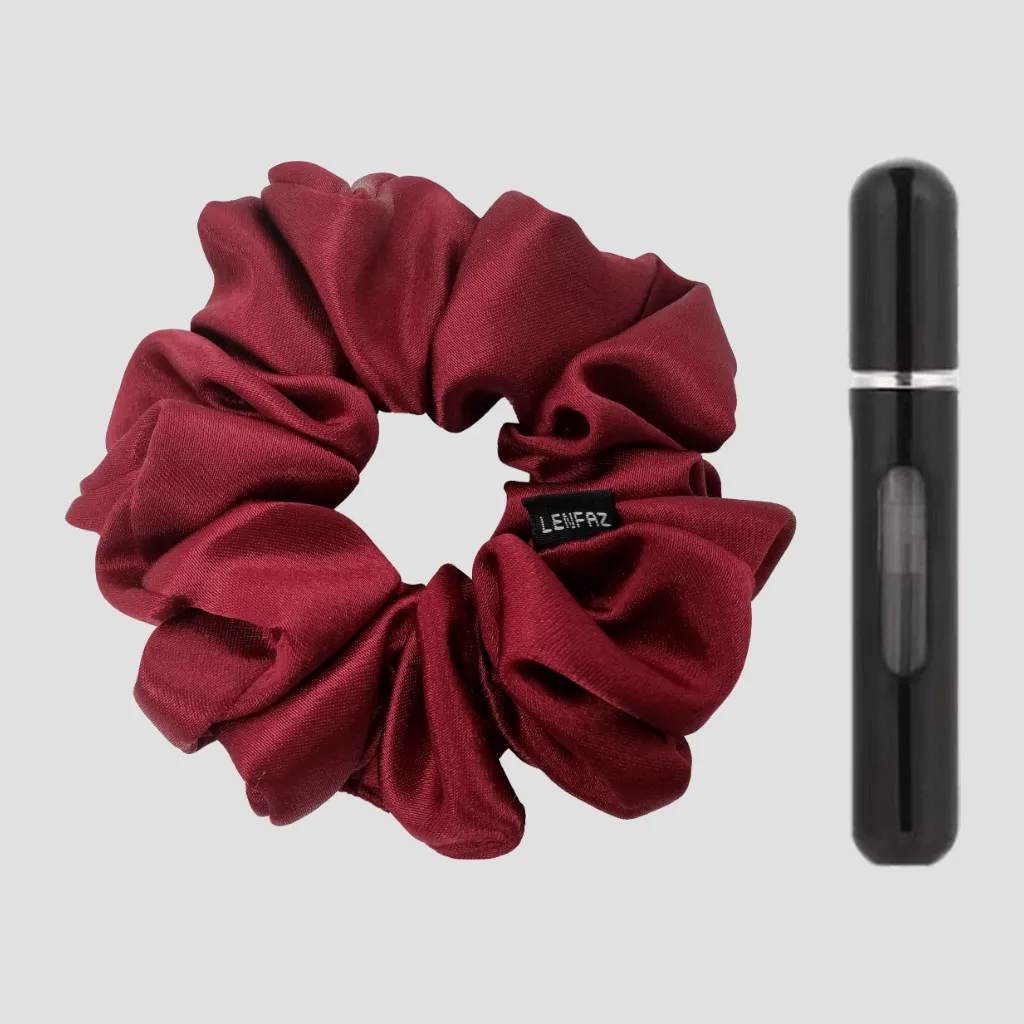 Scarlet Red Satin Silk Scrunchie - Ultra Black Mini Perfume Spray Btl.