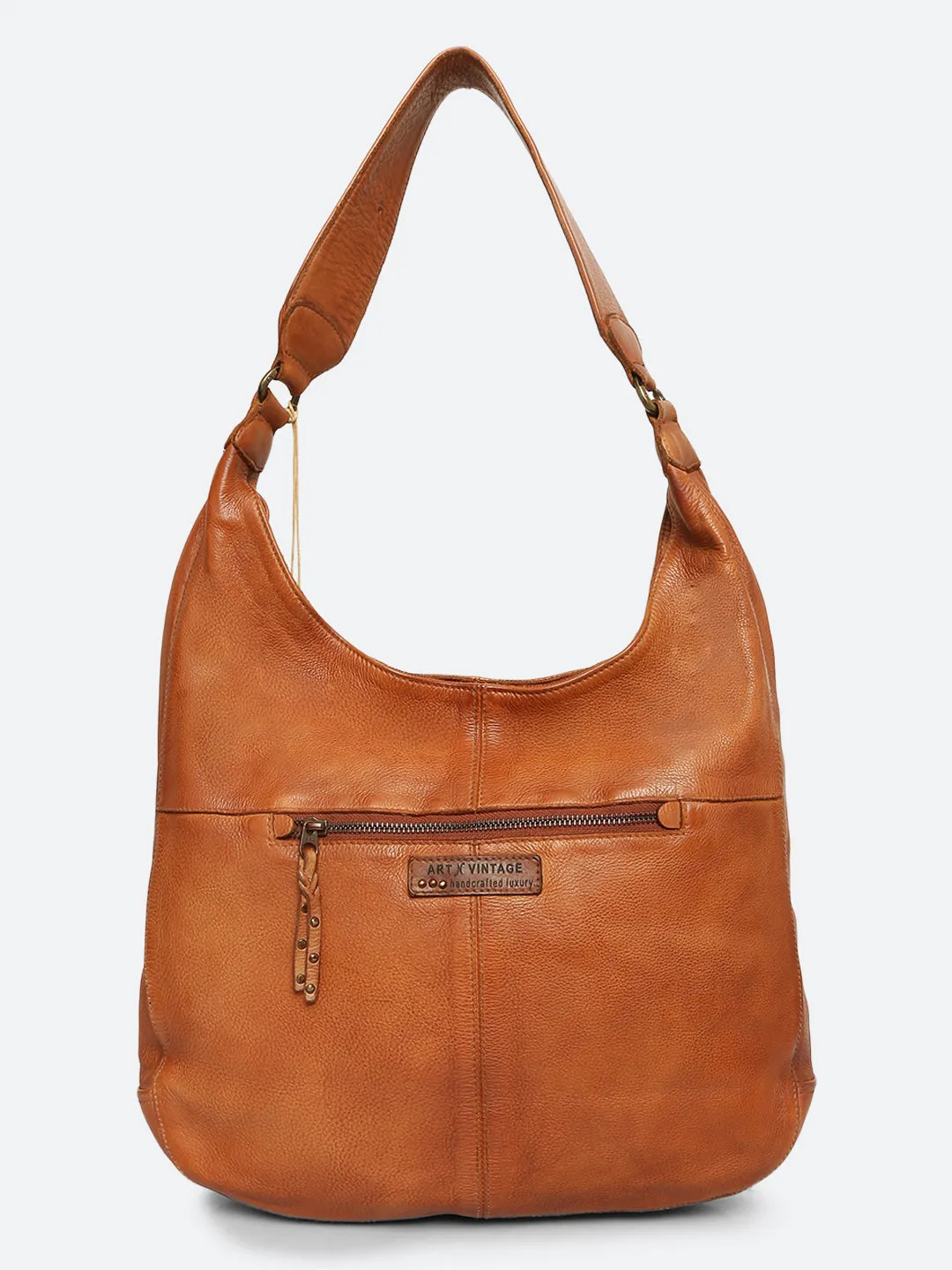 Zarina: Tan Washed Leather Shoulder Hobo Bag