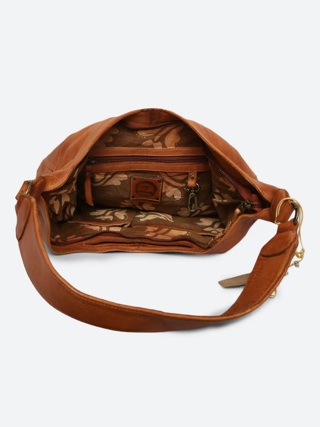 Zarina: Tan Washed Leather Shoulder Hobo Bag