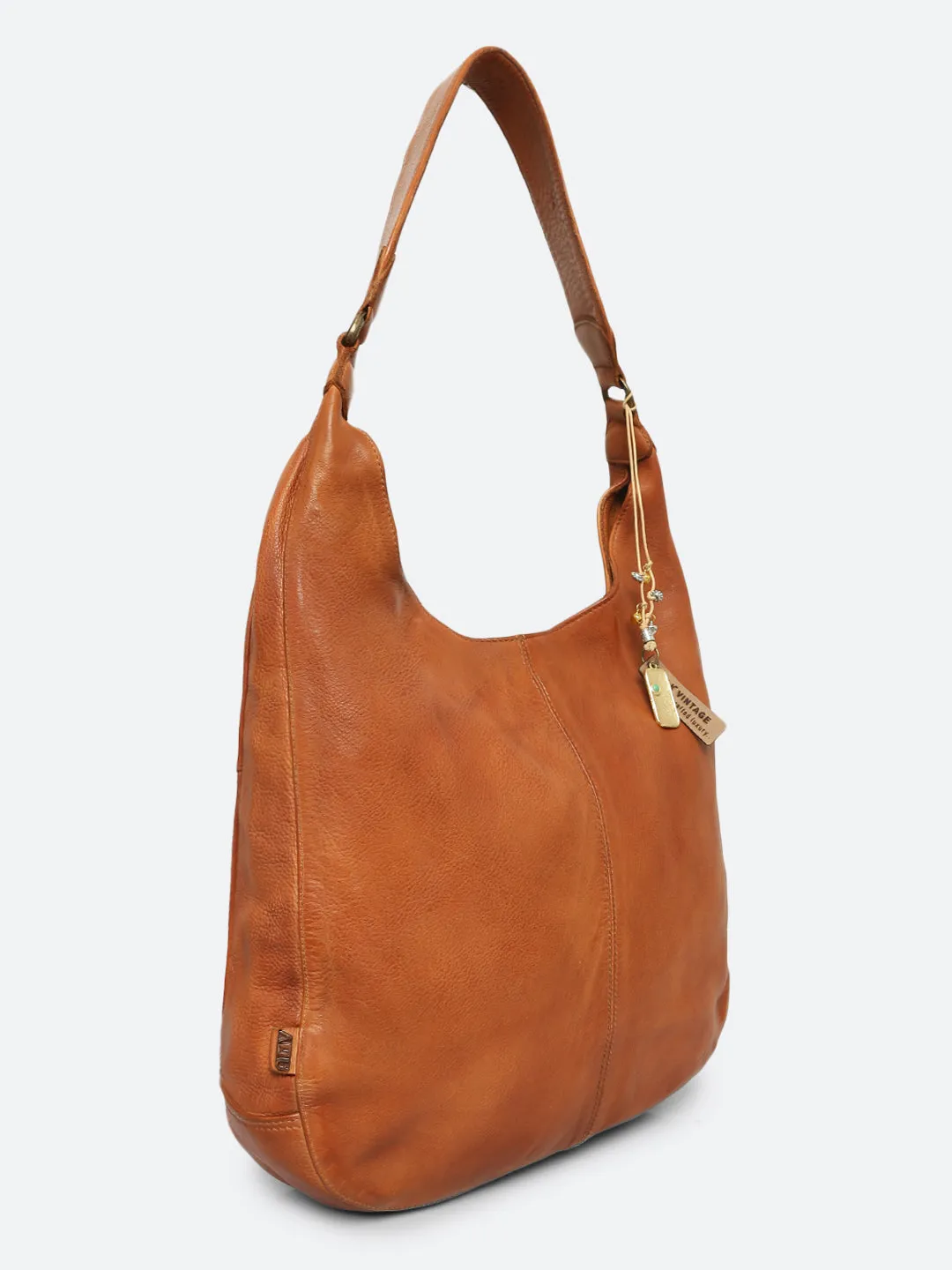 Zarina: Tan Washed Leather Shoulder Hobo Bag