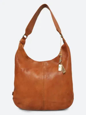 Zarina: Tan Washed Leather Shoulder Hobo Bag